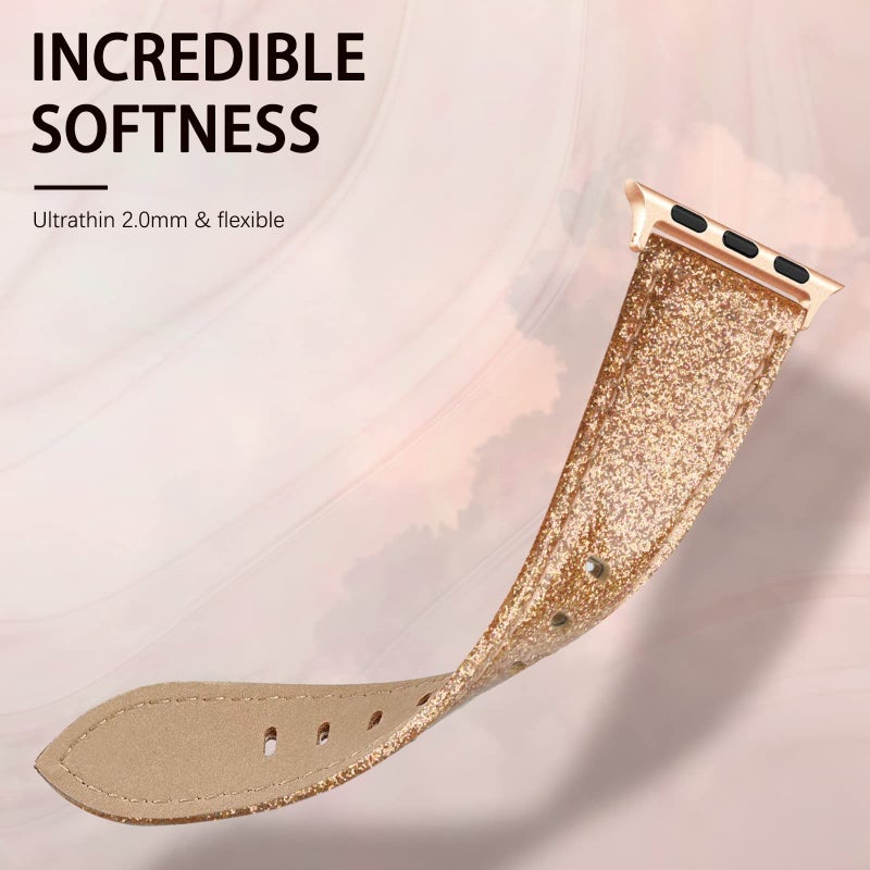 SWEES Leather Band Compatible for iWatch 38mm 40mm, Genuine Leather Replacement Strap Rose Gold Buckle Compatible iWatch Series 6 5 4 3 2 1 Sports & Edition Women And Men, Glitter Rose Gold - Image 4